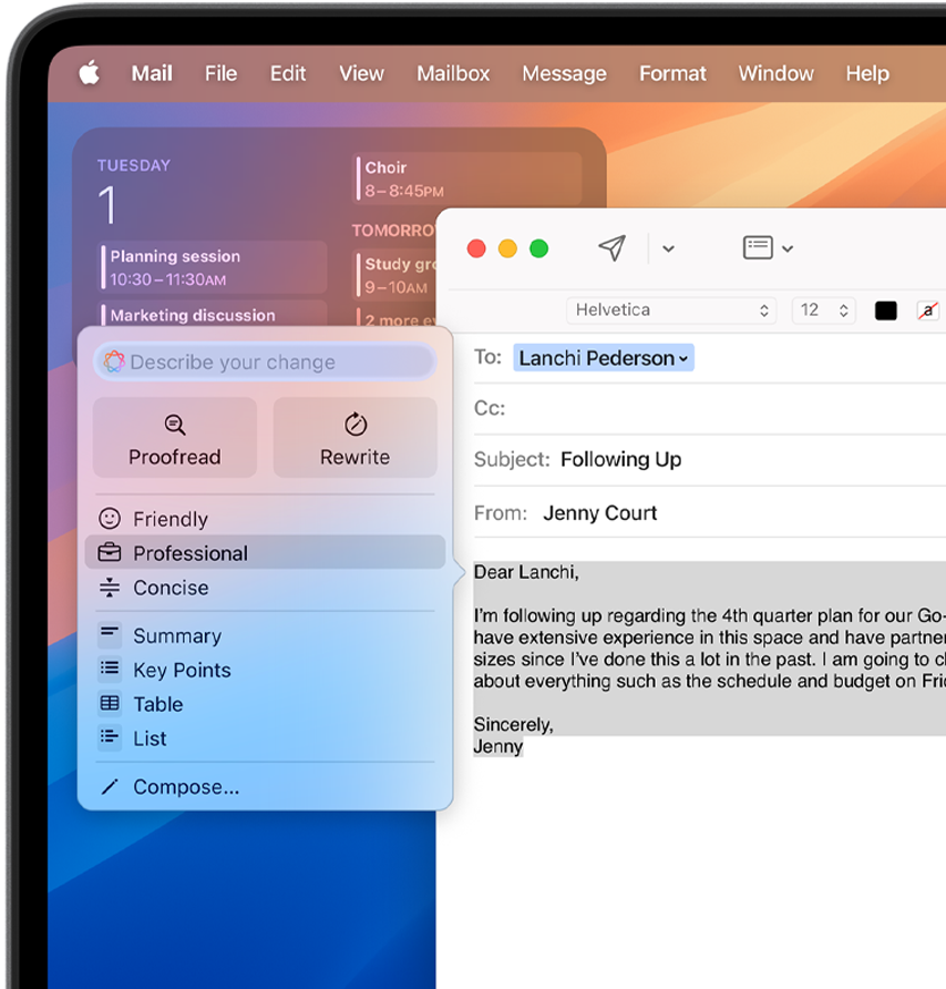 An open email in progress in the Mail app, text highlighted, with Apple Intelligence Writing Tools rewriting options open and a professional tone selected