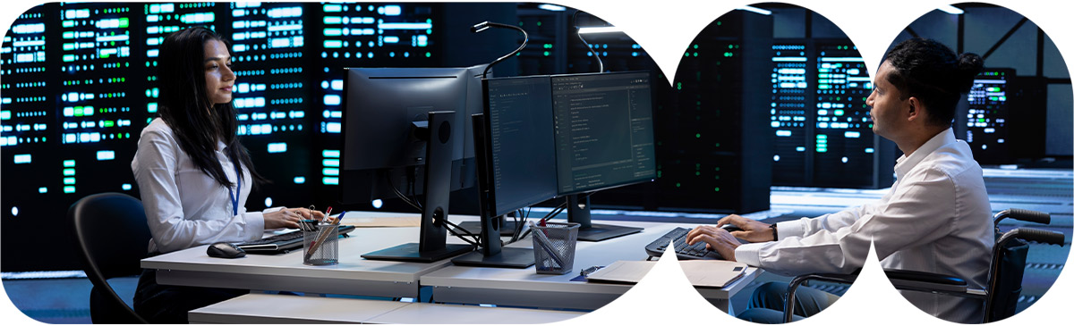 People working in a data center.