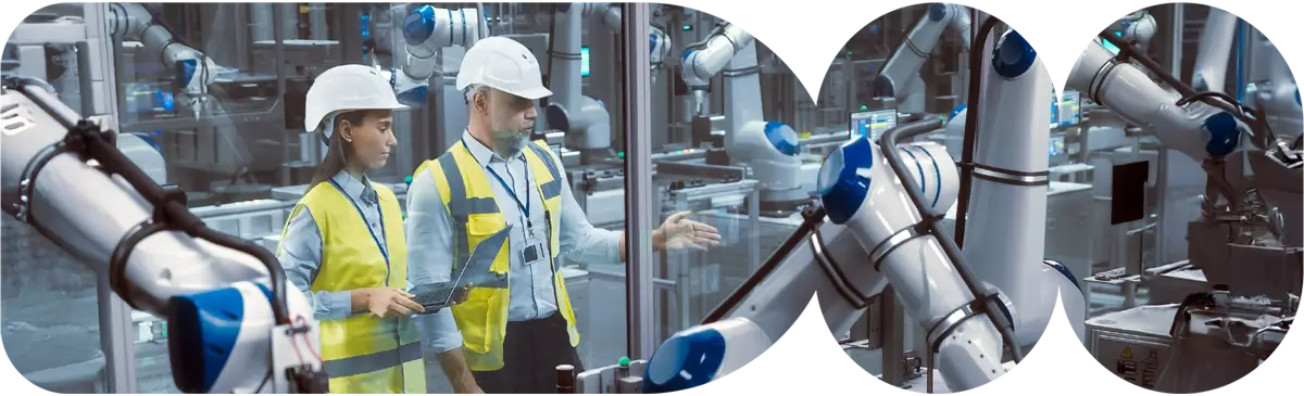 Manufacturing engineers using AI robotics in a modern warehouse, improving production efficiency and automation.
