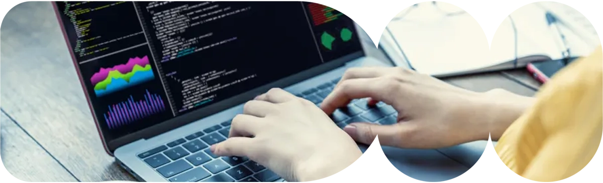 Woman using a laptop.
