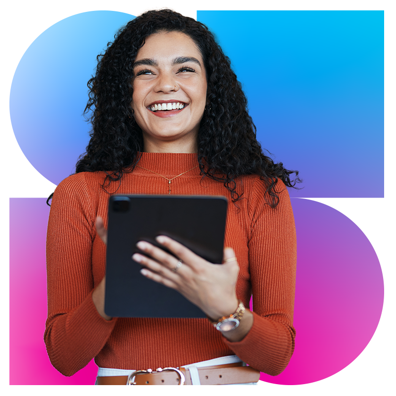 Confident businesswoman smiles and looks upward while holding a tablet, expressing optimism and focus in a professional setting.