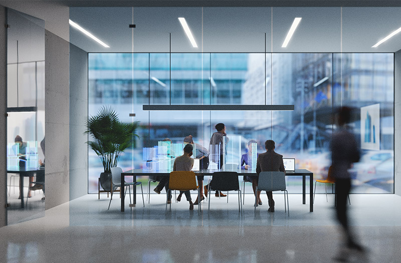 Blurred office meeting with graphic technology overlay