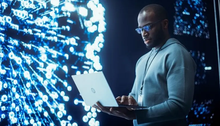 Man on a laptop typing.