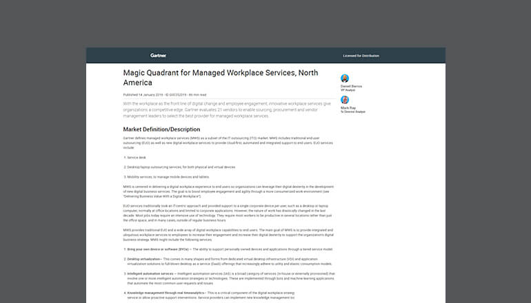 2020 Gartner Magic Quadrant for Managed Workplace Services, North America cover