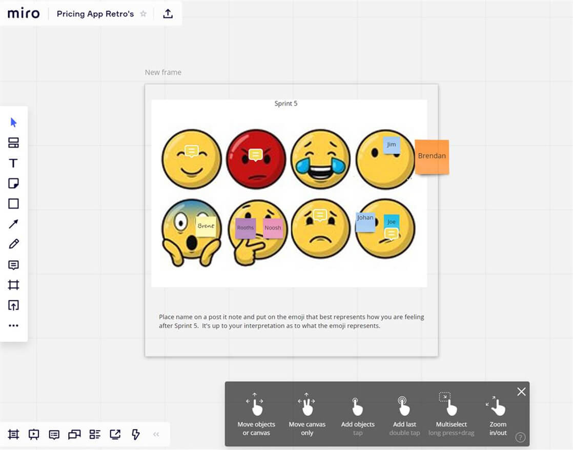 Miro allows for enhanced functionality like image uploads and different color sticky notes visual display of a Miro board with stickies. Remote Retrospective tools, Remote retrospectives, How to host a remote retrospective