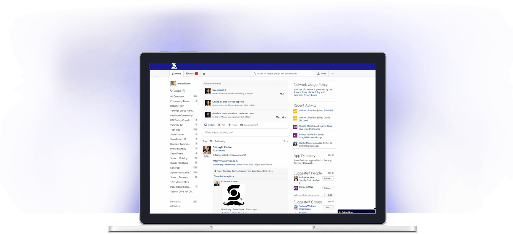 Rendering of Sonoco Yammer experience through Office 365