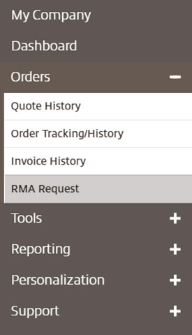 RMA Request button highlighted in left navigation