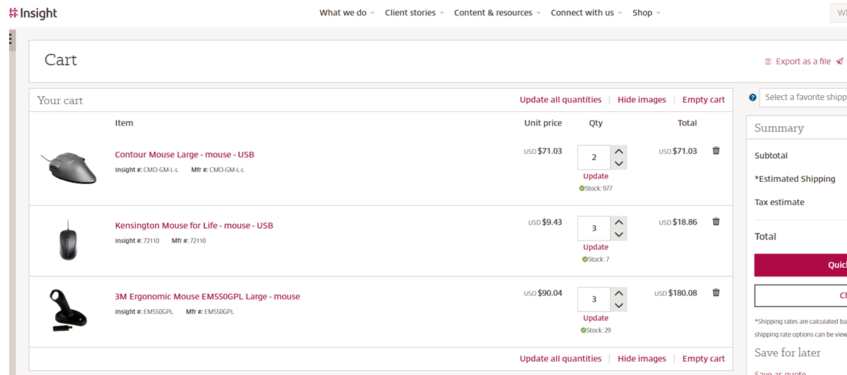 Screenshot of insight.com updates, update all quantities