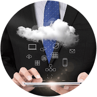 Man on coat and tie holding phone with cloud and icons