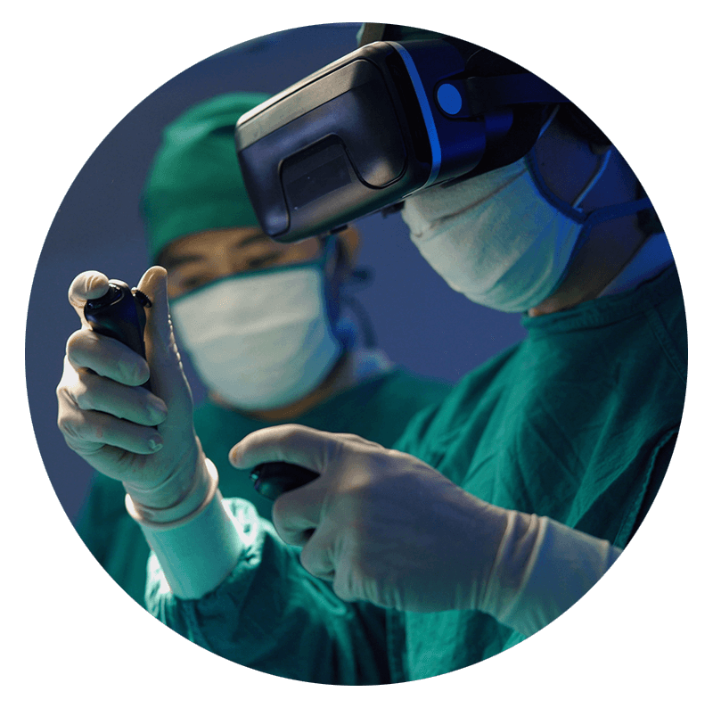 Tackle your biggest challenge with insight A skilled surgeon utilizing cutting-edge VR technology to perform a surgical procedure on a patient.