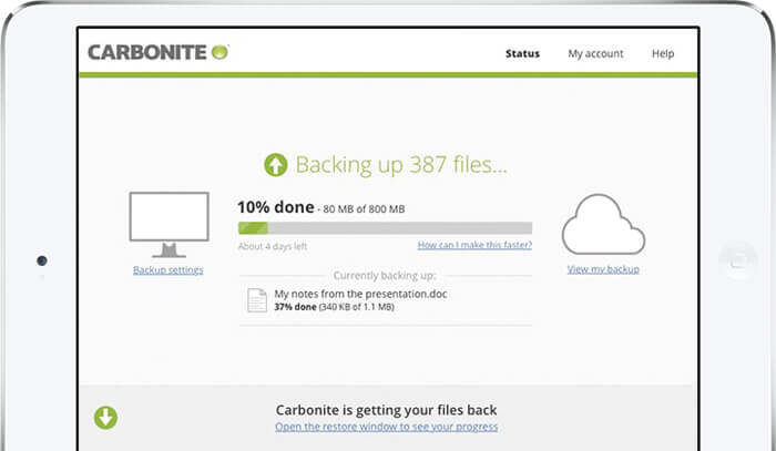 Carbonite backup displayed on iPad