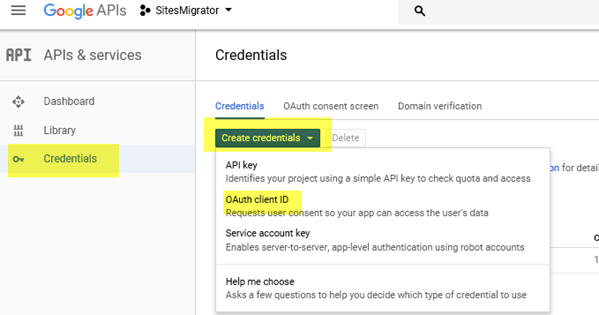 Google API Credentials dashboard