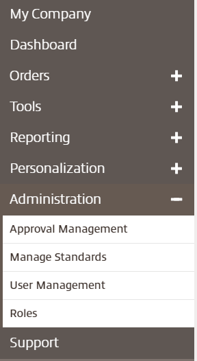 My company dropdown in myInsight with the Administration category highlighted