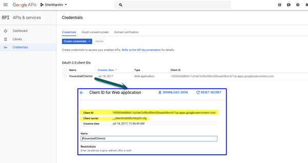 OAuth 2.0 client ID display in Google API dashboard