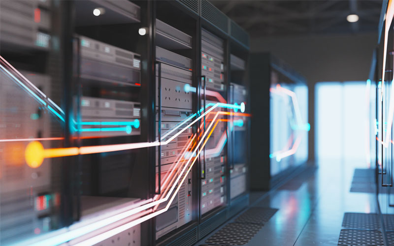 Abstract concept of data being lit up around data center servers