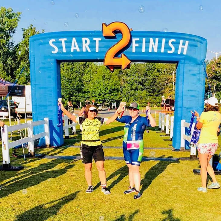 Runners celebrating at the finish line
