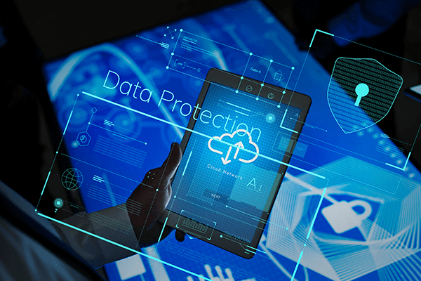 Business professional holding secure tablet