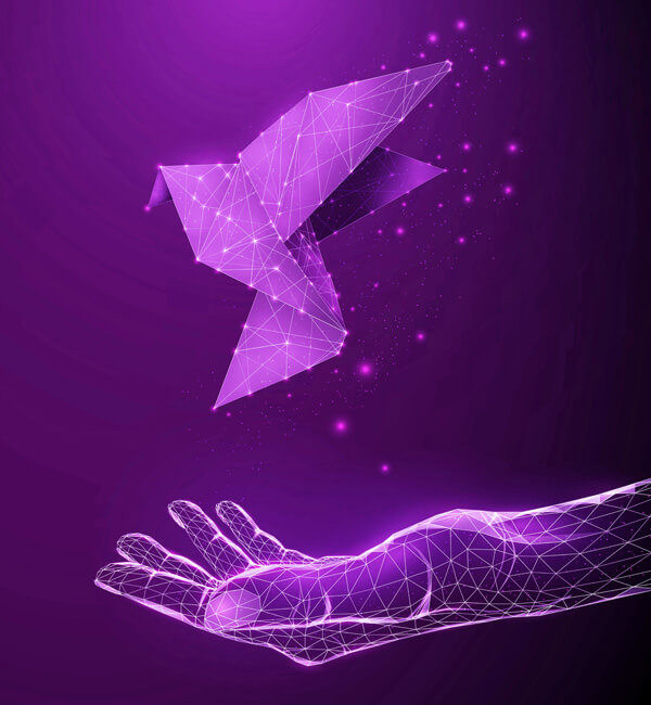 Digital bird in a digitally illustrated hand