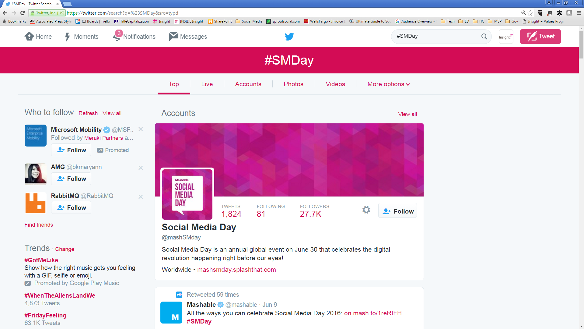 Screenshot of Twitter search results for #SMDay