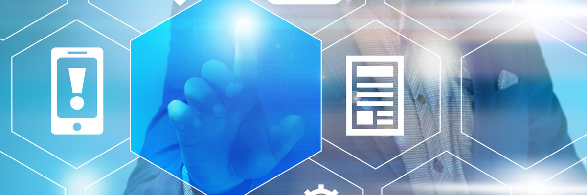 Abstract image of man pushing buttons on screen.