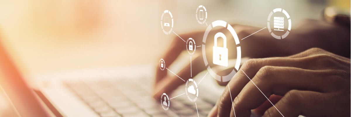 Concept of hands on keyboard with different software icons appear above