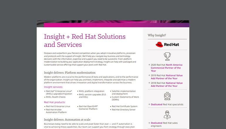 Insight + Red Hat Solutions and Services Thumbnail of datasheet available to download below