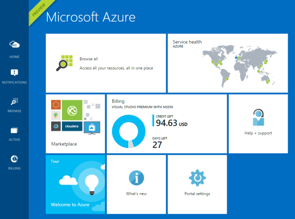 Microsoft Azure tile from the Windows 10 dashboard