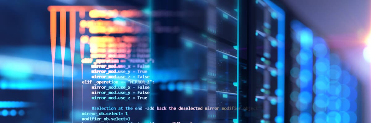 Data room with code graphic overlay