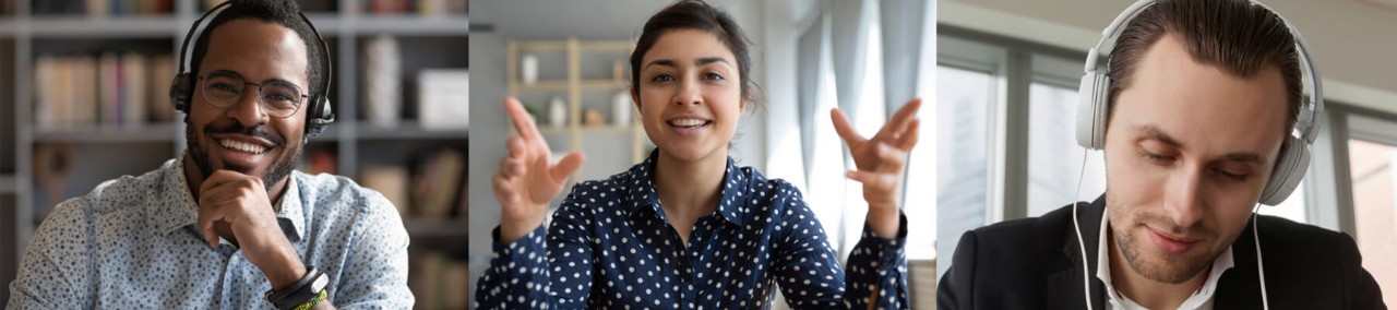 Smiling woman collaborates with remote teammate through video communications application. Remote worker morale, teammate morale, improve team morale