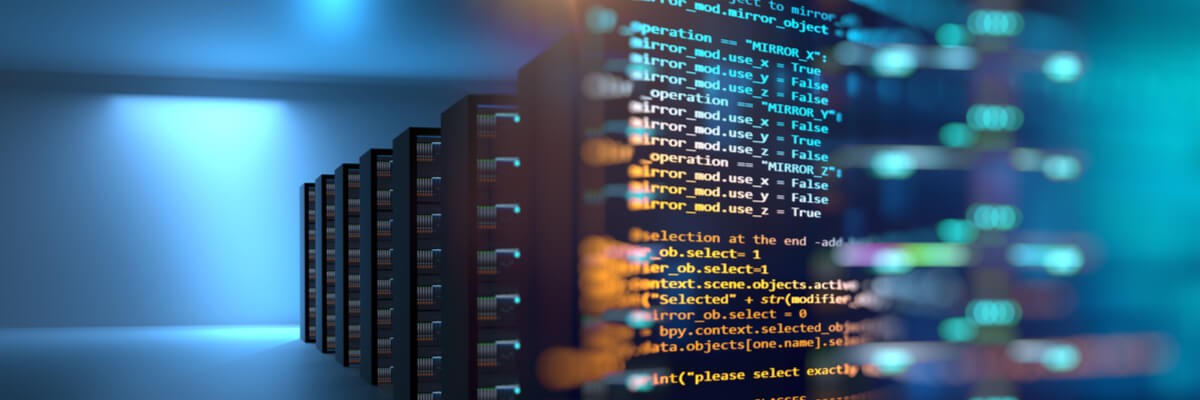 Data center with coding graphic overlay