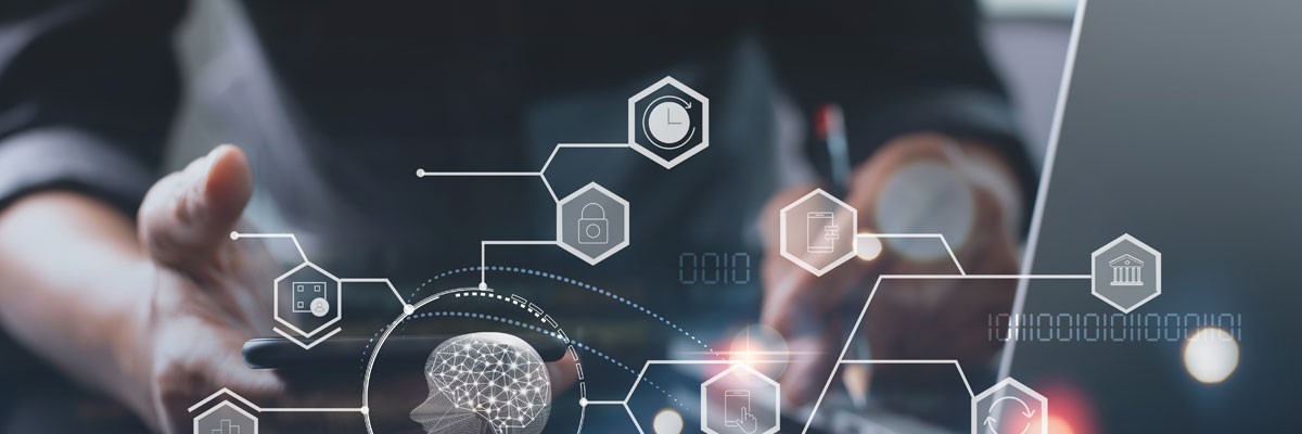 Abstract concept of AI overlayed on man with laptop computer