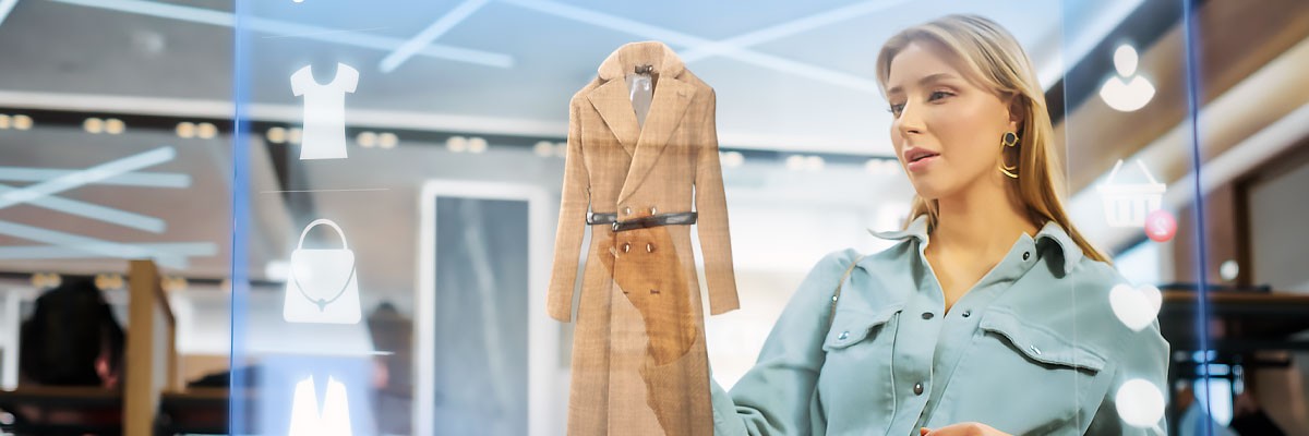 how Artificial Intelligence (AI) is creating new potential for the retail industry Woman in store looking at AI concept of a shopping screen