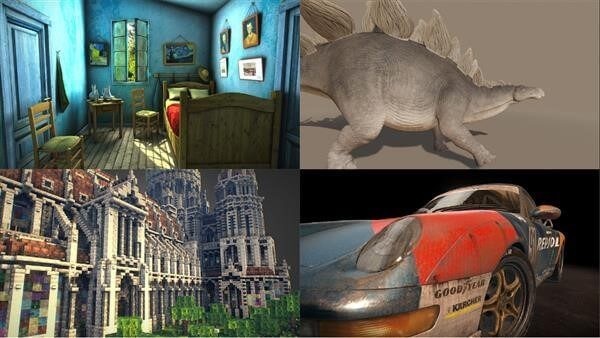 Various digital models, photos and objects rendered through a 3D engine