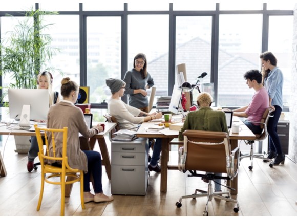 Teammates in work space using computers.