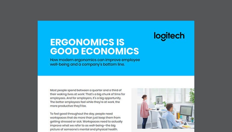 Cover of Logitech whitepaper for ergonomic devices, Ergonomics is Good Economics available to download below.