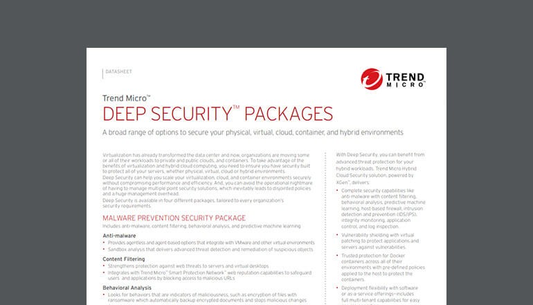 Thumbnail of datasheet available to download below. Trend Micro Deep Security Packages, Network security, Malware prevention