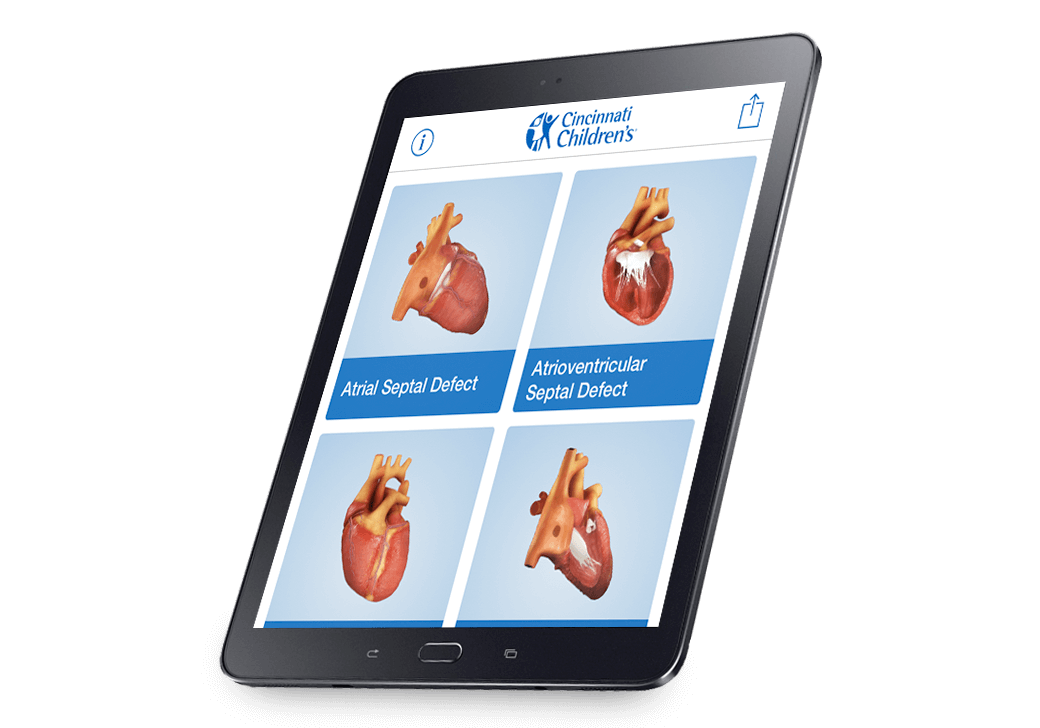 Easily navigate over 20 heart defects Application interactive choices displayed on tablet computer