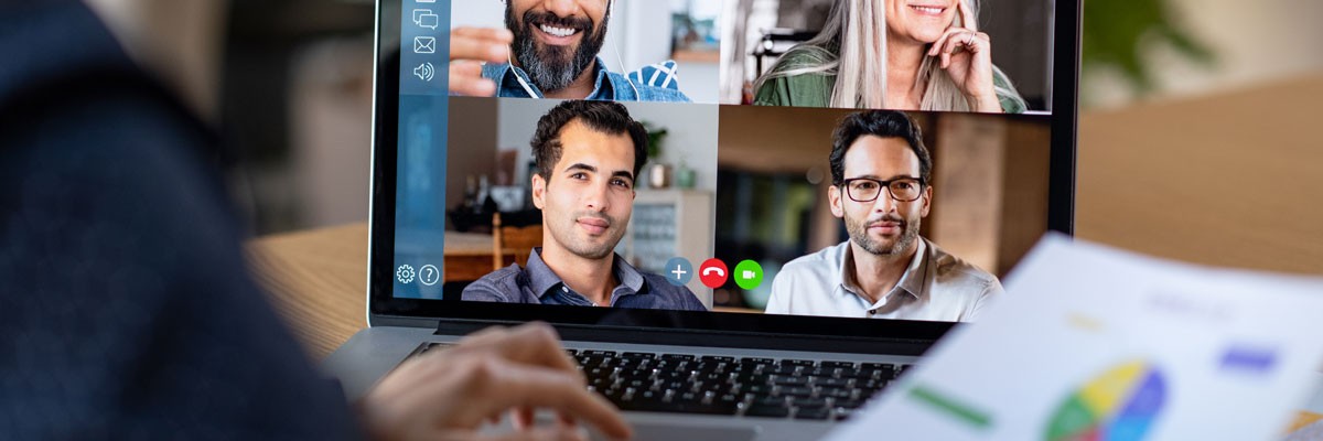 Close up of a video conference on a laptop - remote work, telecommuting