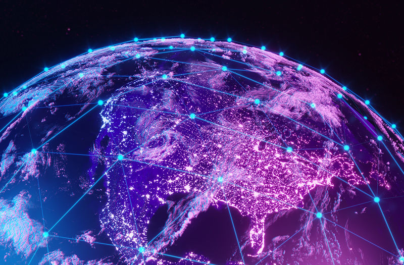 Earth view from space with global communication network