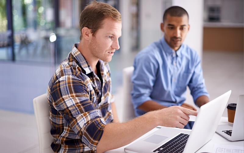 Business professionals review data on laptop computer