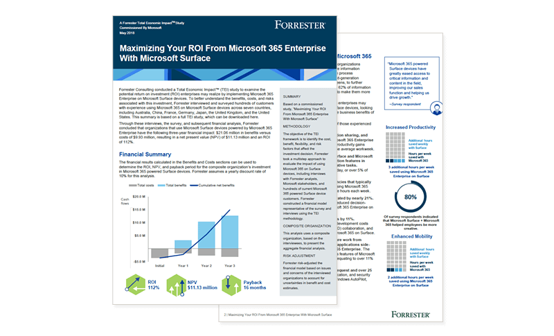 Cover of the Forrester report: Maximizing Your ROI from Microsoft 365 Enterprise with Microsoft Surface