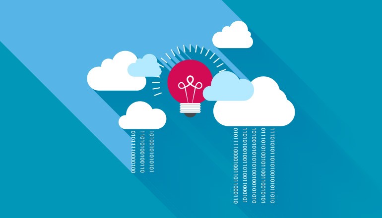 Illustration of clouds int he sky raining data with a large light bulb in the middle.