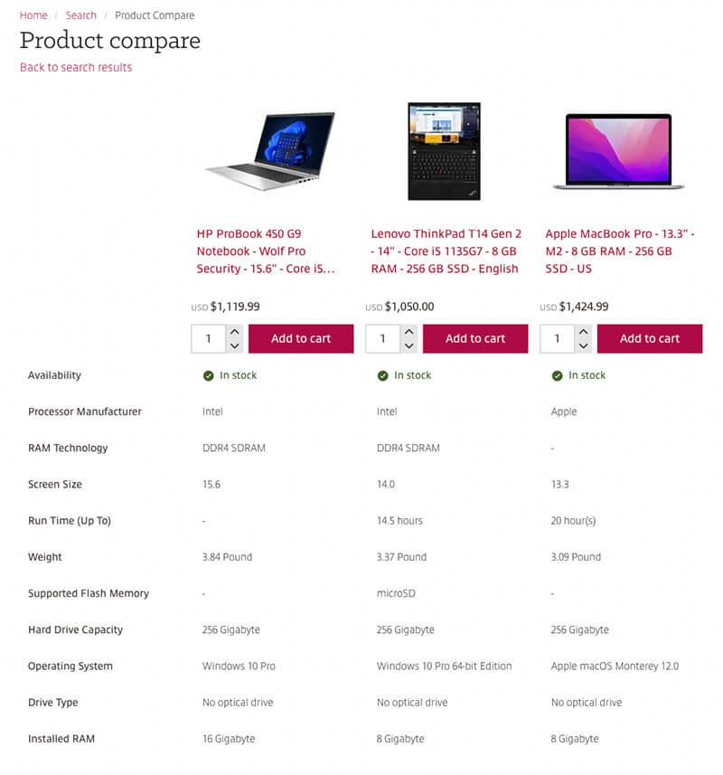 Product compare view of three chosen products