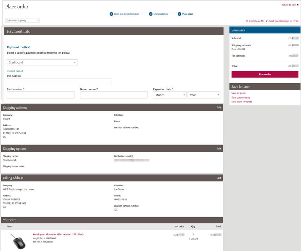 View of the new place order dashboard showing the new payment info fields
