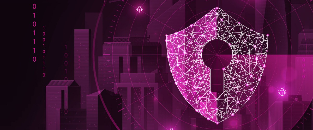 Rendering of a secure lock over a virtual city. Cybersecurity, security, cybercriminal 