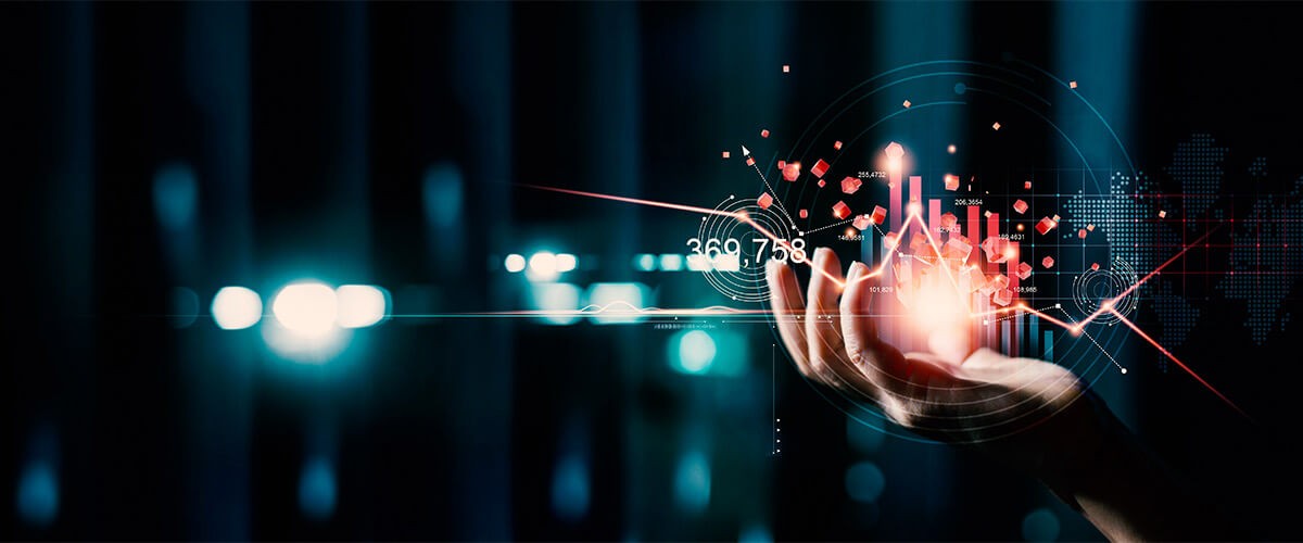 Rendering of hand touching digital display screen. Technology needs, Business optimization, Procurement trends