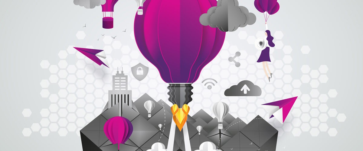 Technology offers the building blocks for innovation, but it takes a holistic vision and expertise to achieve strategic integration for accelerated innovation. Rendering of block based hot air balloon raising to sky. IT partner, solutions integrator