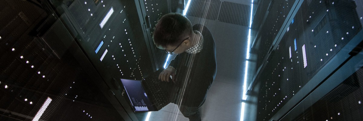 Network admin in modern datacenter powered with IBM FlashSystem storage.