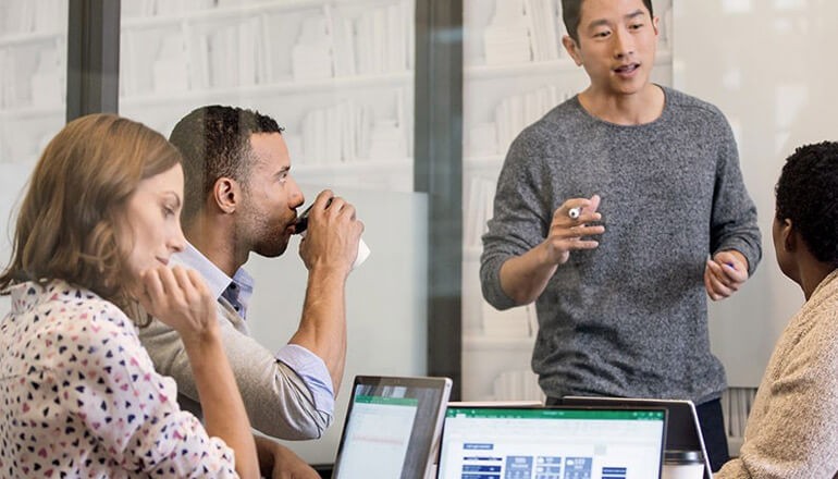 Business team using Azure Synapse to maintain data intelligence. DaaS, Microsoft Surface, Microsoft Surface education, remote learning