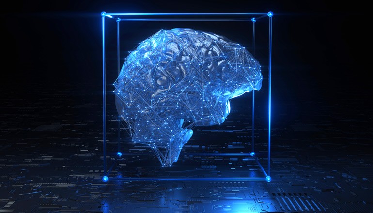 Concept of artificial intelligence generated brain in a box. AI, Internet of Things, IOT, Real-time data.